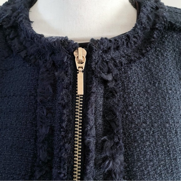 NWT H&M Navy Tweed Coat Jacket Size XS – Long Fringe Trim Zip Front Blazer - Picture 6 of 10